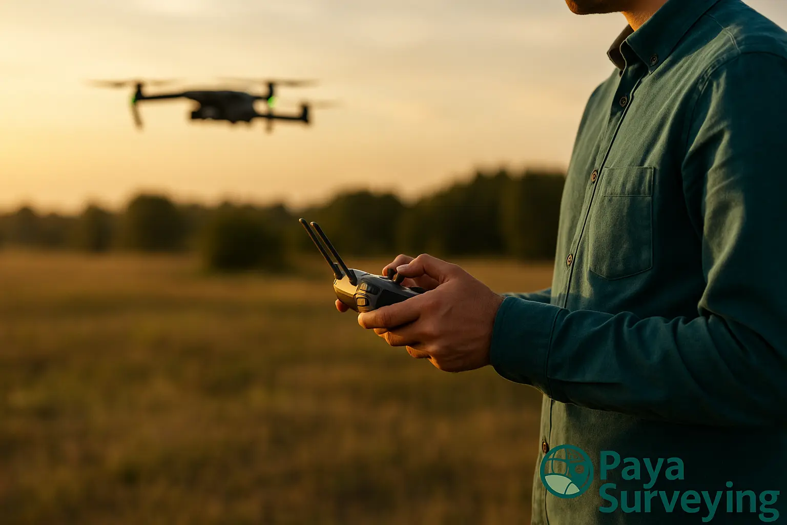UAV pilot with controller at dusk