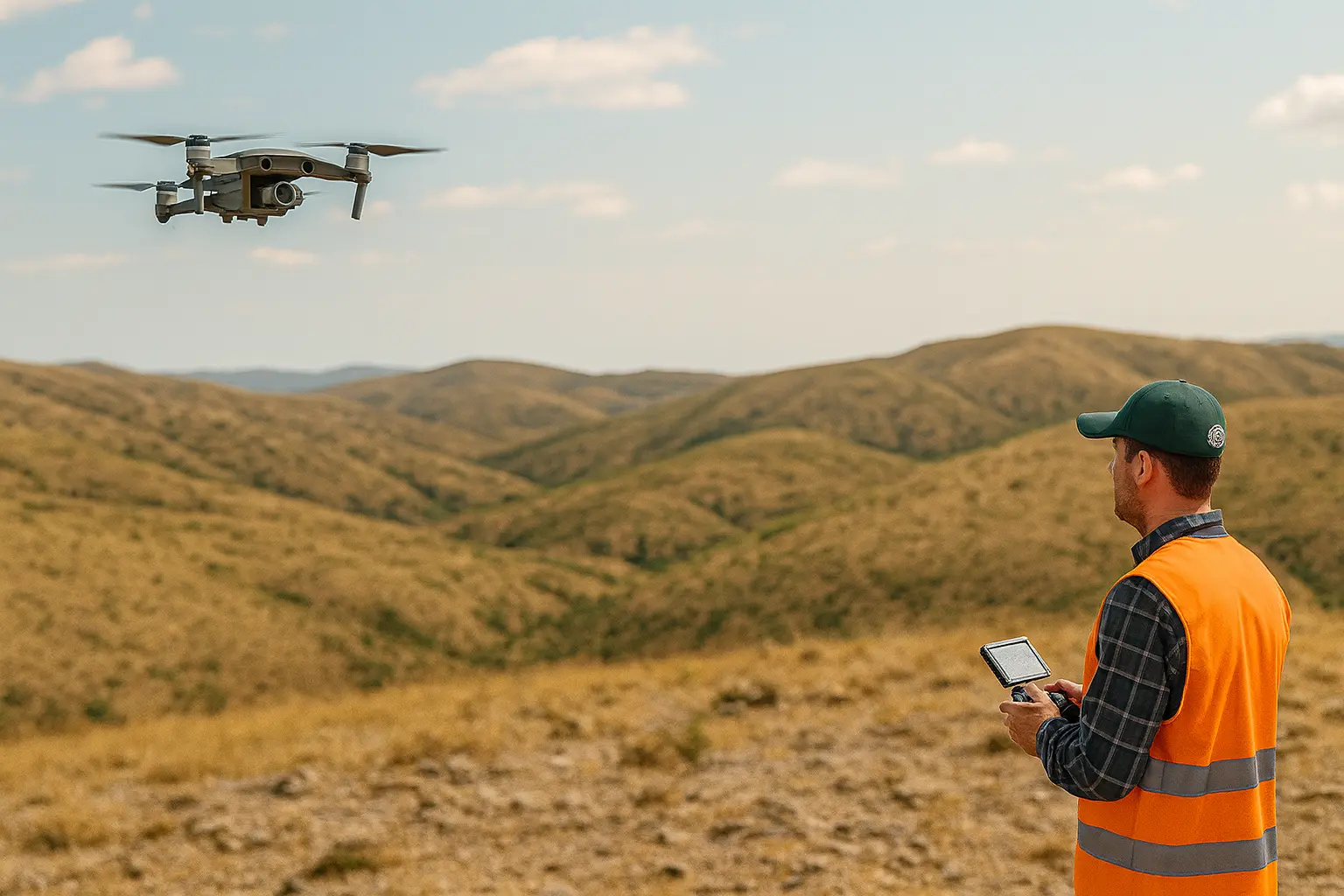 Surveyor operating a drone over rolling hills