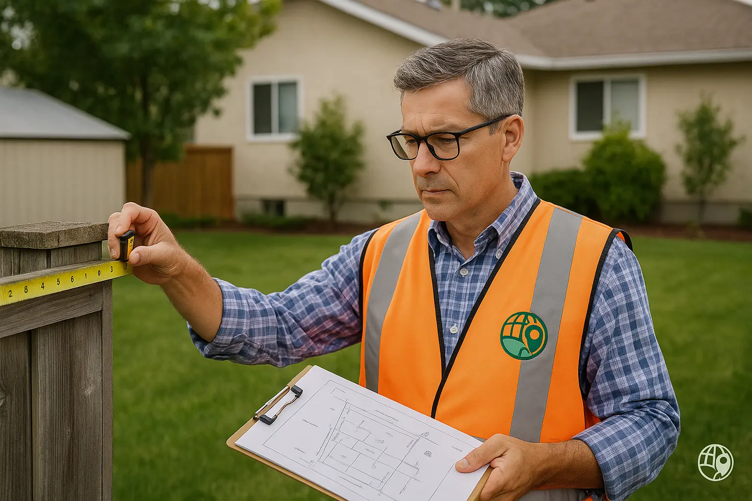 Surveyor measuring fence in daylight