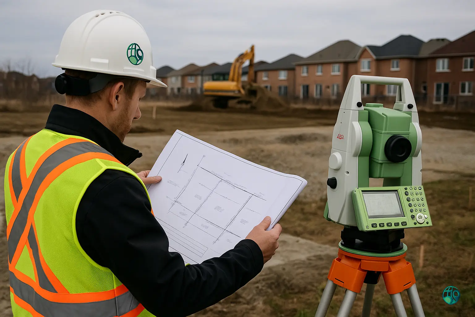 Surveyor inspecting structure for title insurance
