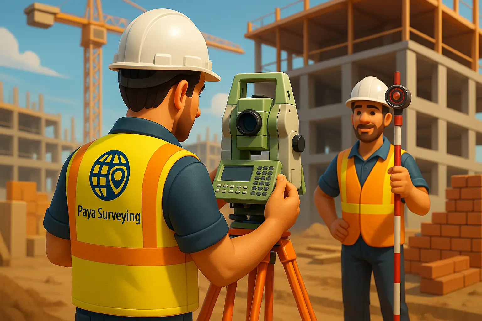 Survey crew establishing control points on construction site