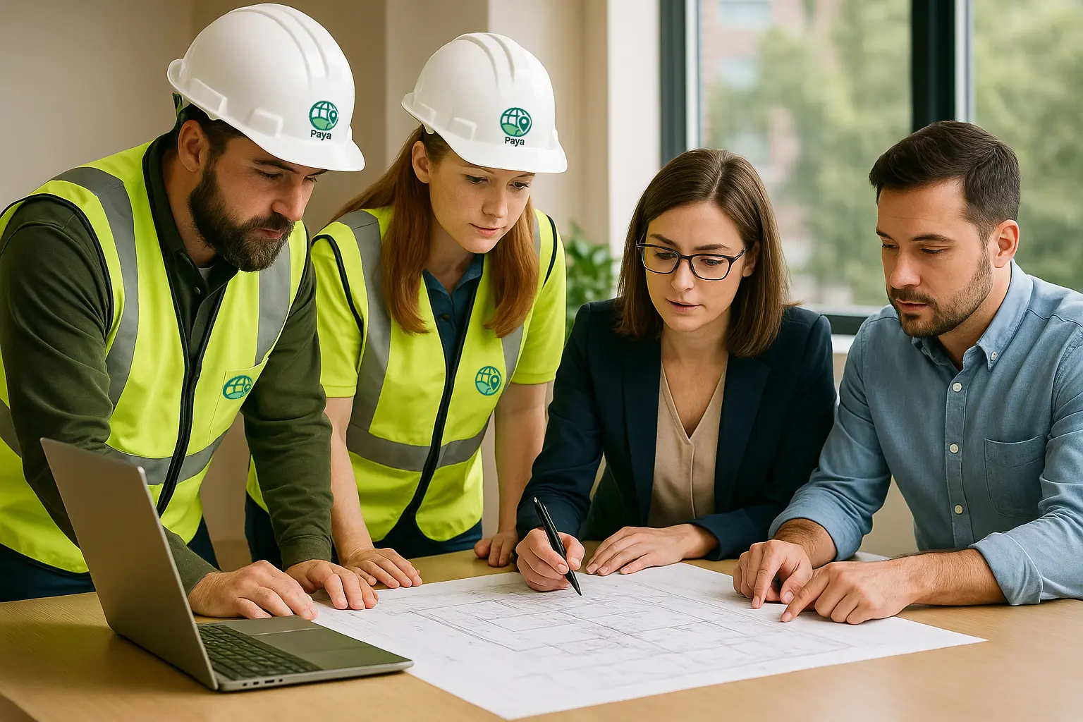 Land surveyors and engineers collaborating on Vaughan project plans in office