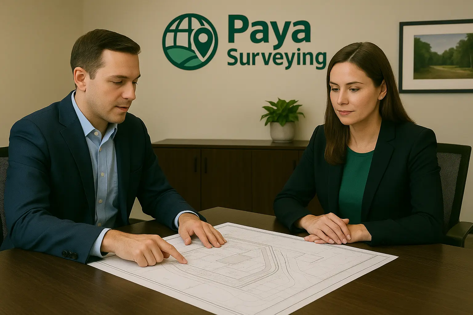 Surveying team collaborating between field and office on drawings