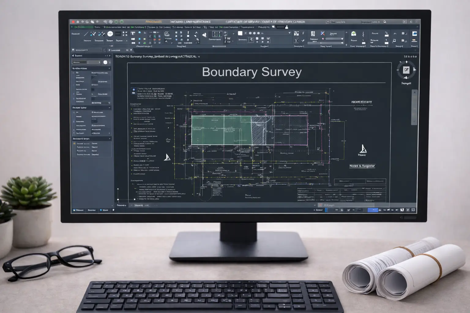 AutoCAD boundary survey drawing on an office desk