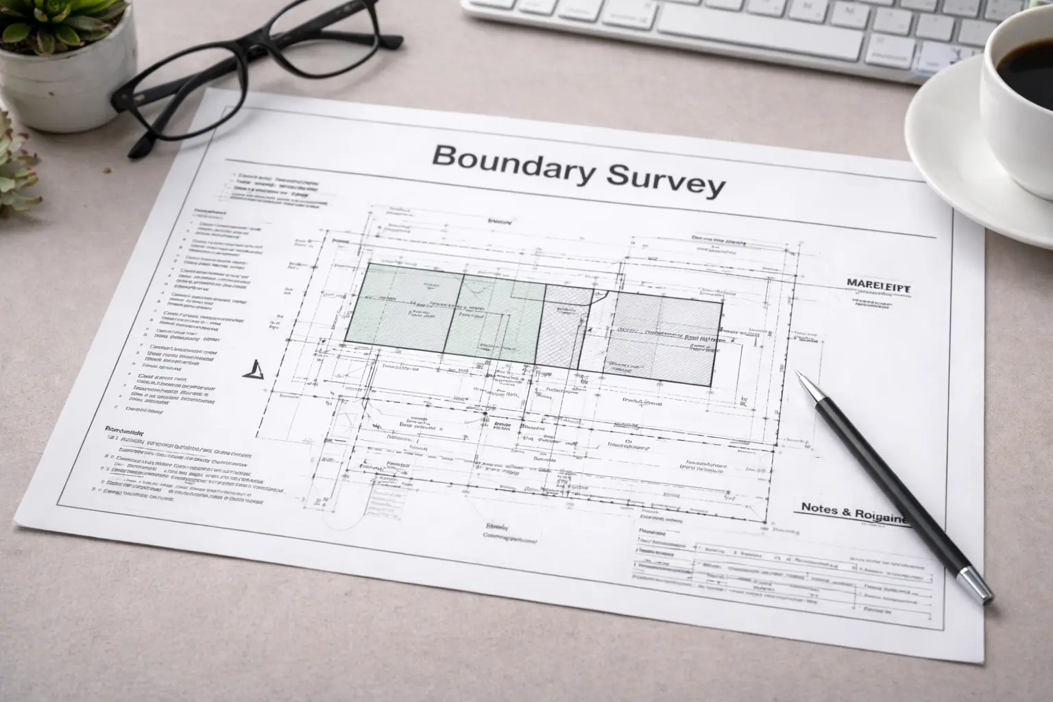 Boundary survey PDF plan with measurements and notes