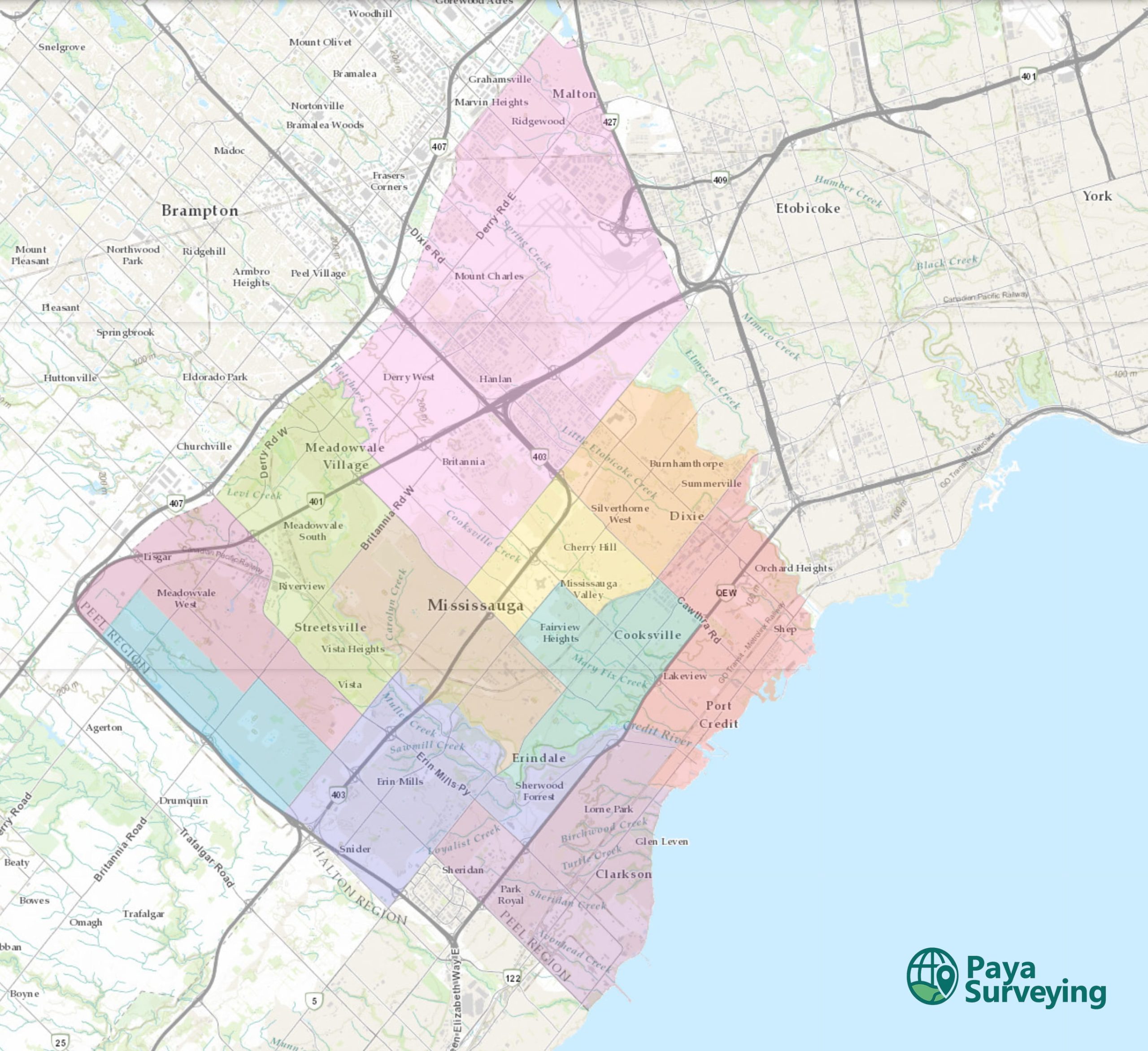 Map of Mississauga neighbourhoods for land surveying
