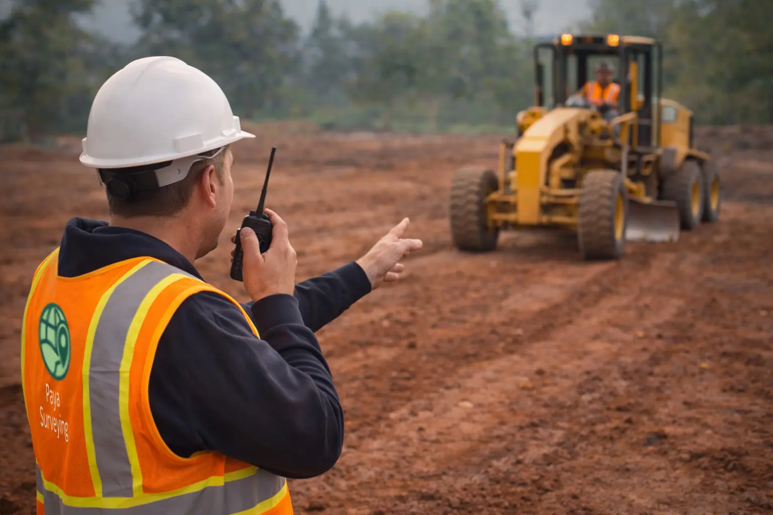 Surveyor guiding grader at construction site