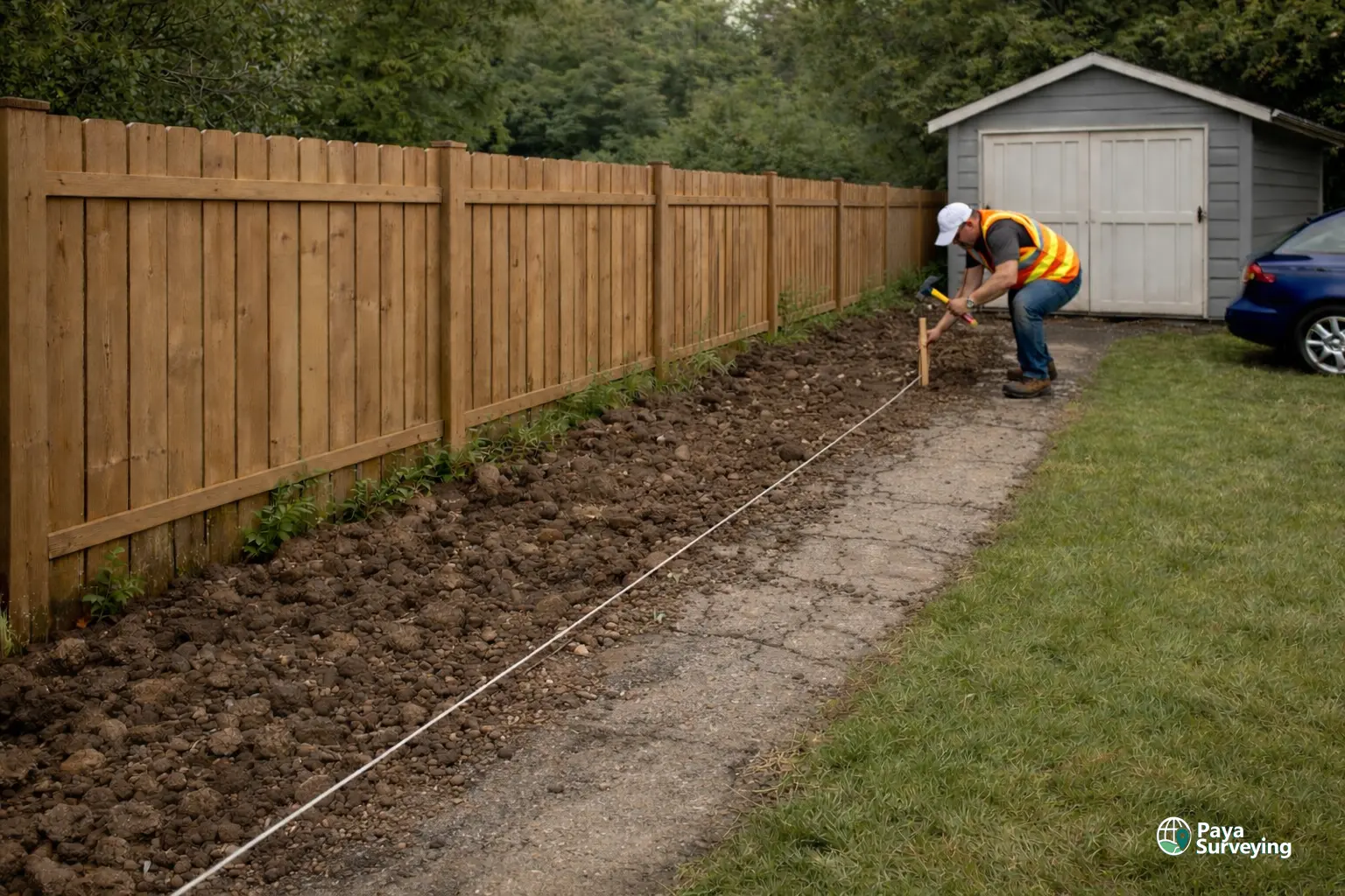 Legal surveyor at work in a residential yard for boundary dispute or encroachment