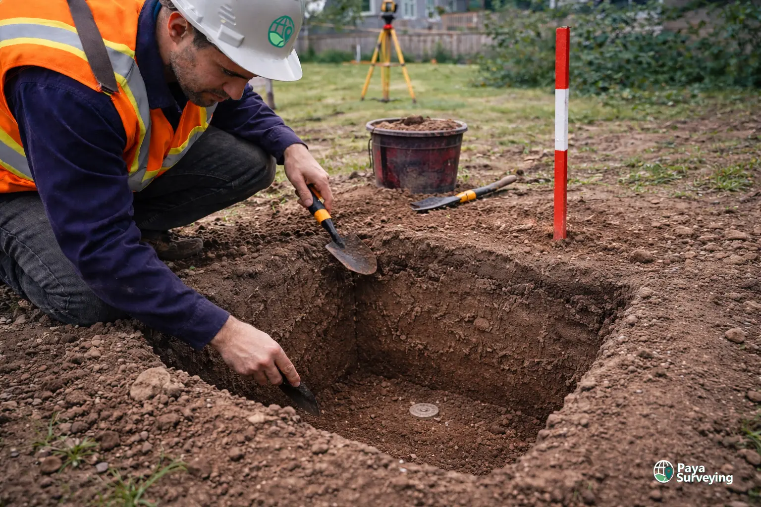 Licensed land surveyor locating a legal boundary monument in Toronto