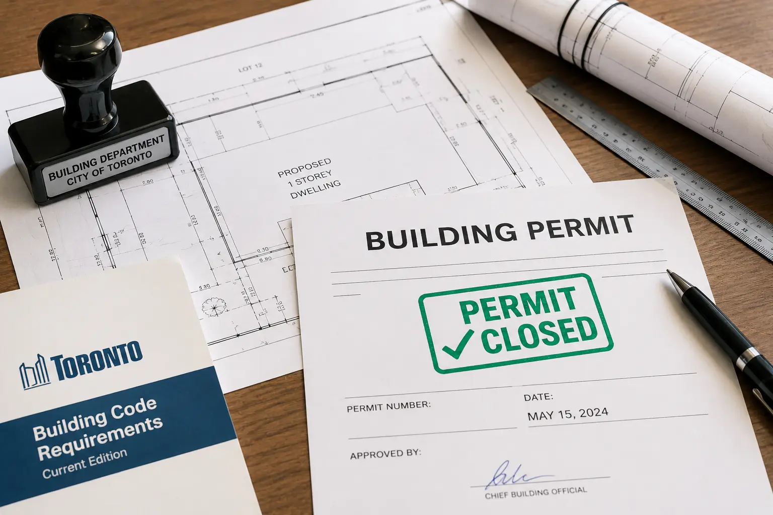 Permit closure documents and building permit with blueprints