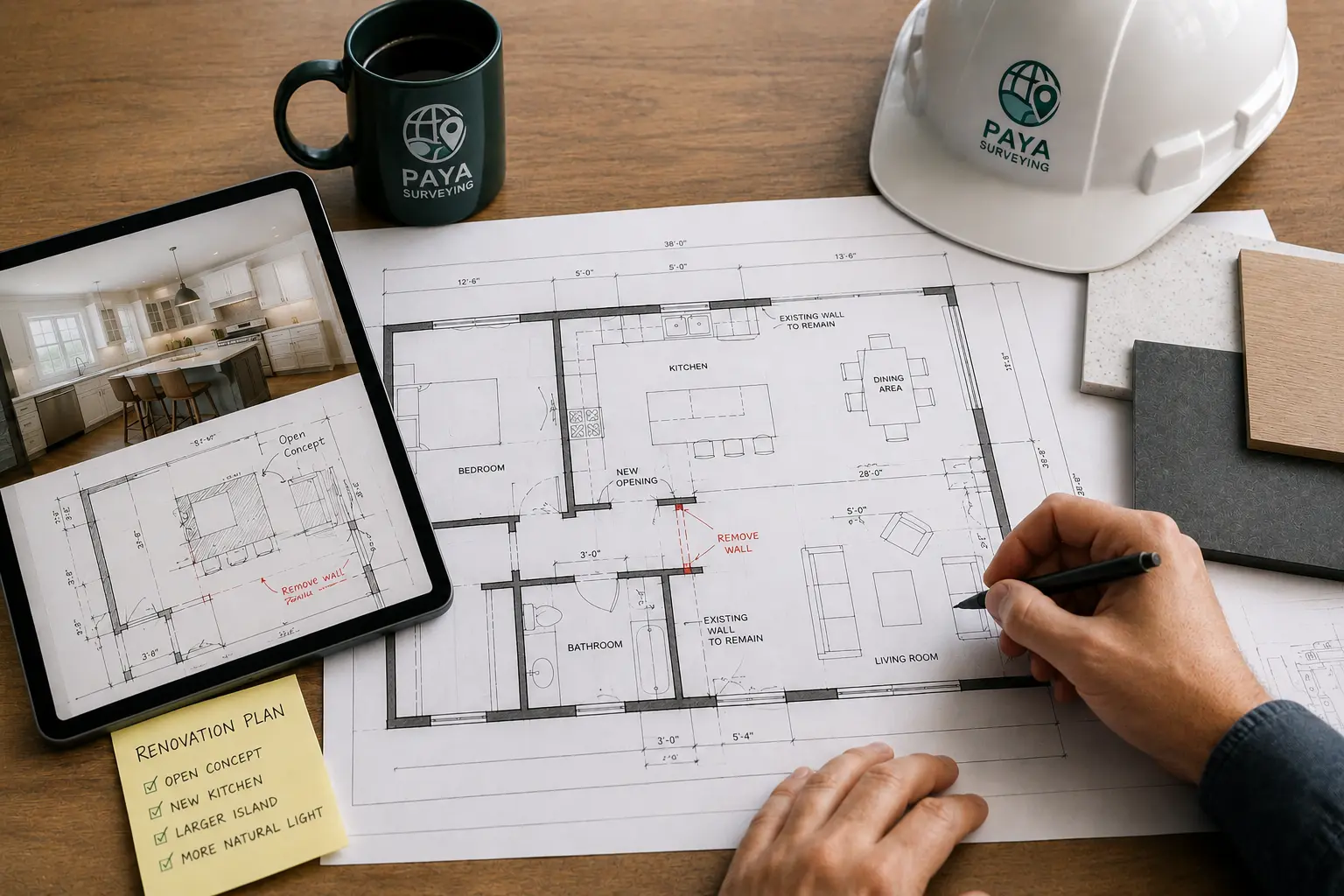 Renovation planning workspace with floor plan and design documents
